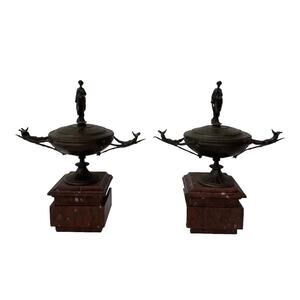 19th Century French Napoleon III Period Bronze Lidded Urns On Marble Bases Pair